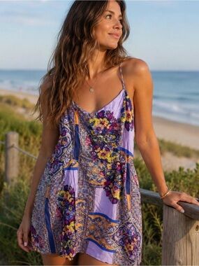 MINKPINK Lavender Floral Slip Dress with Yellow & Navy Accents